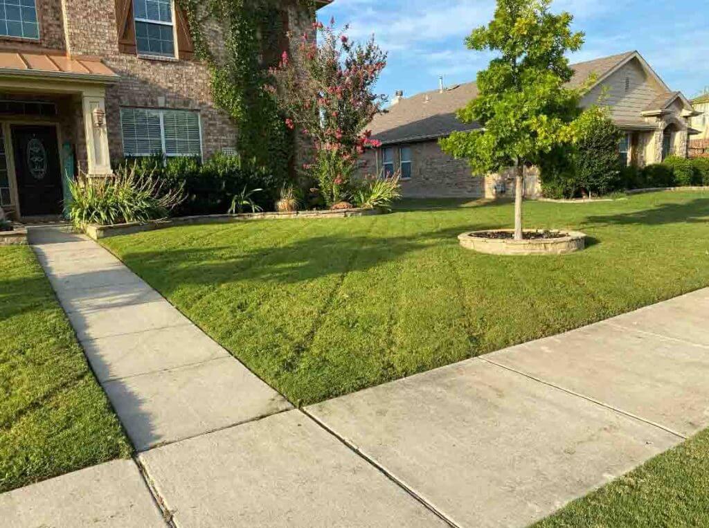 Striped green lawn mowing in Denton, Corinth, Highland Village, Little Elm, Flower Mound, Lewisville, The Colony, Frisco, Southlake, Ponder, Krugerville, Northlake, Bartonville, Double Oak, Aubrey, Sanger, Justin, Hackberry, Union Hill, Trophy Club, Roanoke.